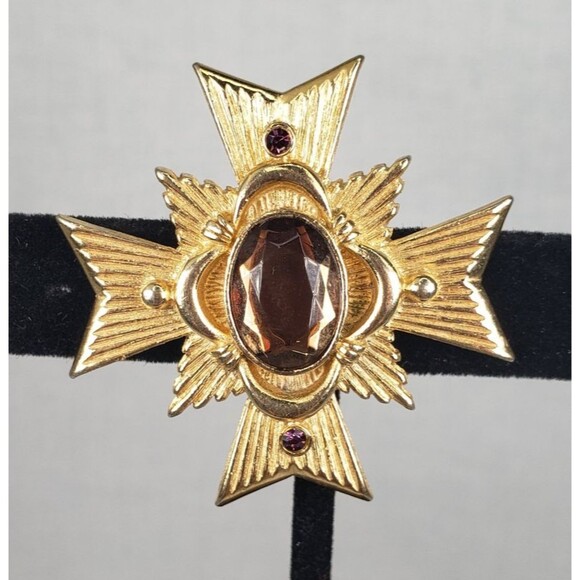 1983 Avon Maltese Cross Allegro Collection Amber Color Gold Tone Brooch Pendant - Picture 4 of 13